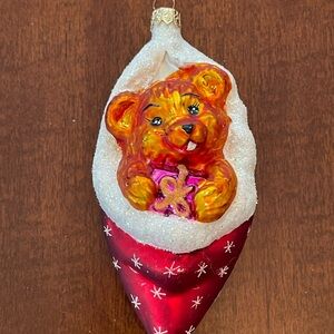 Christopher Radko  Glass 1998 Christmas Tree Ornament "Cozykins Bear in Stocking